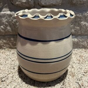 Marshall Pottery Ruffled 6.25” Vase Oatmeal Blue Stripes Signed By Potter